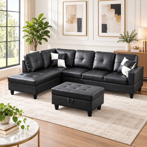 Black faux leather piece - faux, 3-piece
